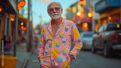 Fototapeta Naklejka Na Ścianę i Meble -  Man in a pink shirt with ice cream on it stands on a street. He is smiling and looking at the camera