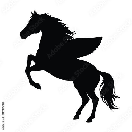 A black silhouette of a rearing horse in her two wings