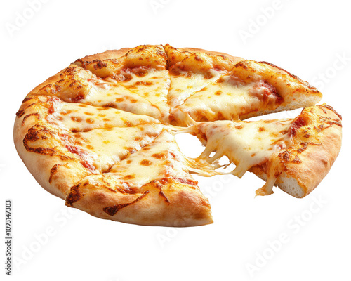 Delicious cheese pizza with a slice missing, isolated on white background.