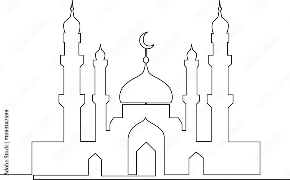 Mosque silhouette one line art vector