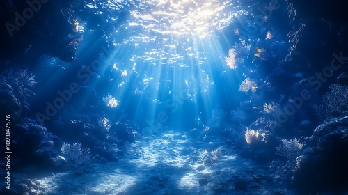 Radiant underwater ocean depths illuminated by sunlight streaming through blue water