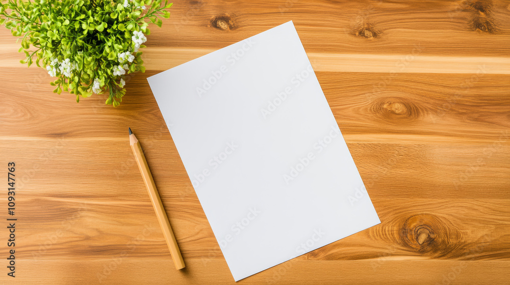 blank sheet of paper and pencil lie on wooden desk next to small green plant, creating calm and inviting workspace blank sheet of paper and pencil lie on wooden desk next to small green plant, creating calm and inviting workspace