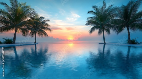 Tranquil luxury pool at dawn, calm blue water reflecting palm trees, early morning light casting a warm glow, peaceful and serene ambiance, photorealistic quality, high-definition clarity,