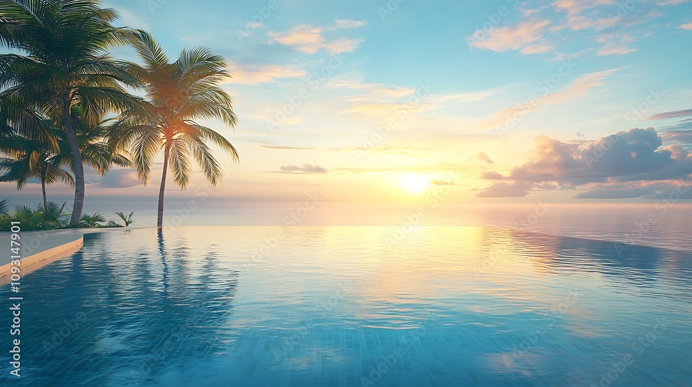 Tranquil luxury pool at dawn, calm blue water reflecting palm trees, early morning light casting a warm glow, peaceful and serene ambiance, photorealistic quality, high-definition clarity, Tranquil luxury pool at dawn, calm blue water reflecting palm trees, early morning light casting a warm glow, peaceful and serene ambiance, photorealistic quality, high-definition clarity,