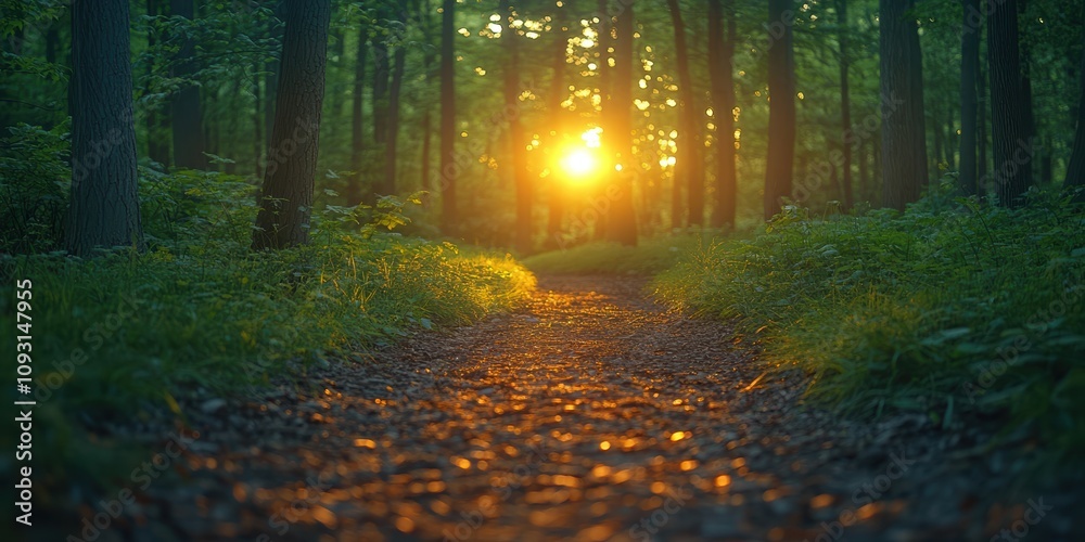 Naklejka premium A serene forest path warmly illuminated by the setting sun, casting a golden glow and creating a tranquil atmosphere within the lush green woodland