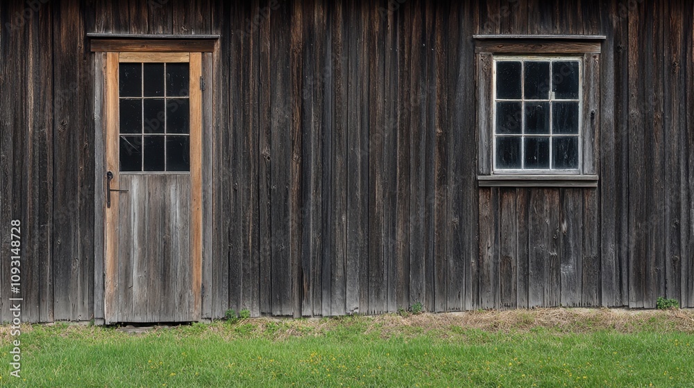 Rustic Wooden Exterior Featuring Weathered Door and Window Set Against Weathered Textured Wall of a Traditional Barn or Shed Structure