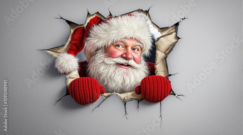 Santa Claus bursting through the wall with warm knitted mittens and a joyful expression photo