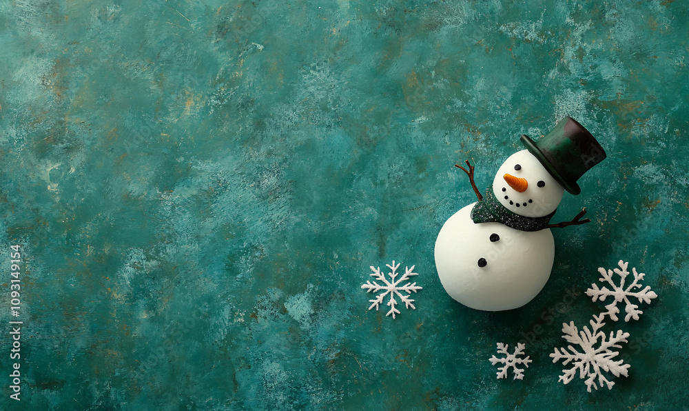 Obraz premium Merry christmas and happy new year greeting card with copy-space.Happy snowman standing in winter christmas landscape.Snow background 