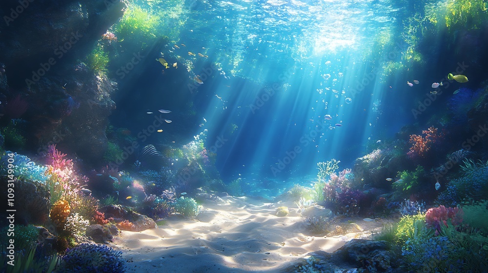 Fototapeta premium Blue underwater scenery with sunrays breaking through the surface serene ambiance