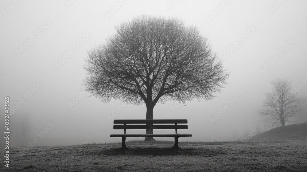 A serene and monochromatic landscape showcasing a solitary bench beneath a large, bare tree amidst a foggy and tranquil environment in the early morning A serene and monochromatic landscape showcasing a solitary bench beneath a large, bare tree amidst a foggy and tranquil environment in the early morning