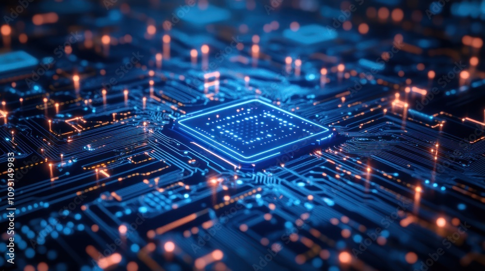 A close-up view of a microchip with intricate circuitry and glowing connections. A close-up view of a microchip with intricate circuitry and glowing connections.