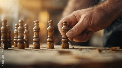 Hand of a Person Moving a Handmade Wooden Chess Piece on a Rustic Table in Natural Light Representing Strategy, Skill, and Thoughtful Game Planning