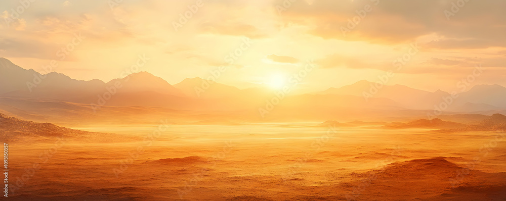 Illustration - Golden Desert Sunset Landscape with Mountains Illustration - Golden Desert Sunset Landscape with Mountains