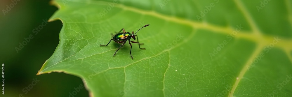 Small insect with metallic green body resting on a large leaf, common green bottle fly, environment Small insect with metallic green body resting on a large leaf, common green bottle fly, environment