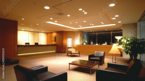 Modern Office Lobby with Elegant Interior Design Featuring Comfortable Seating, Warm Lighting, and a Professional Atmosphere for Businesses and Visitors