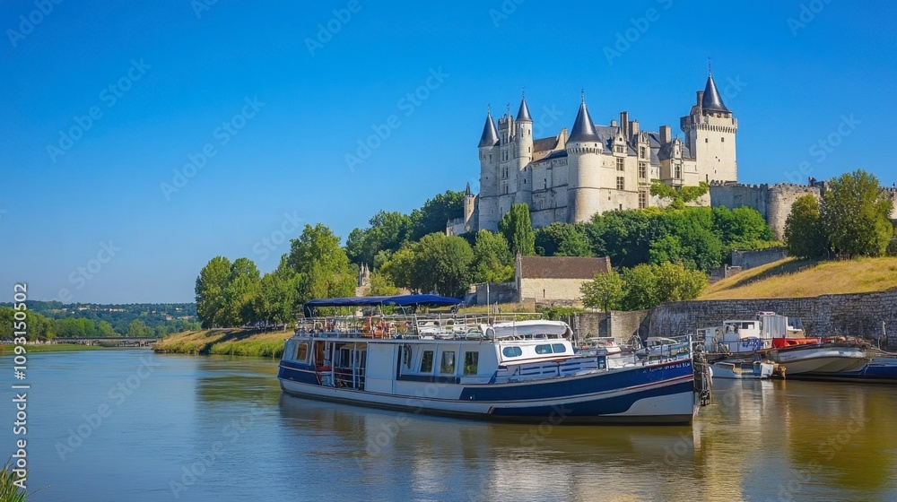 Fototapeta premium Scenic View of a Castle on a Hill Overlooking Calm Waters with a Boat in the Foreground Set Against a Bright Blue Sky and Lush Greenery Surrounding the Area