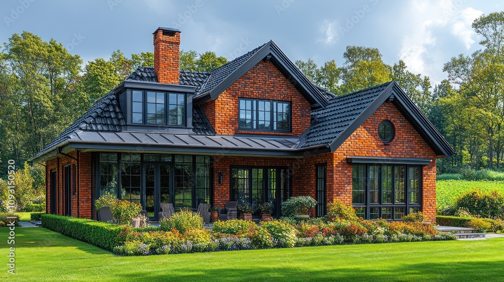 Luxury Brick House with Expansive Garden and Lush Greenery Luxury Brick House with Expansive Garden and Lush Greenery