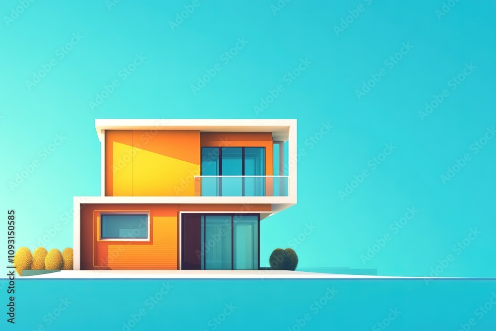 Modern colorful house with geometric shapes on blue Modern colorful house with geometric shapes on blue