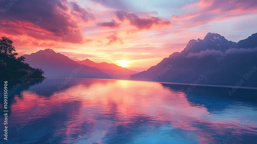 A calm infinity pool reflecting the colorful sunset sky, serene mountain range in the background, peaceful reflections on the water, soft light and tranquil vibe, photorealistic quality, hd clarity. A calm infinity pool reflecting the colorful sunset sky, serene mountain range in the background, peaceful reflections on the water, soft light and tranquil vibe, photorealistic quality, hd clarity.