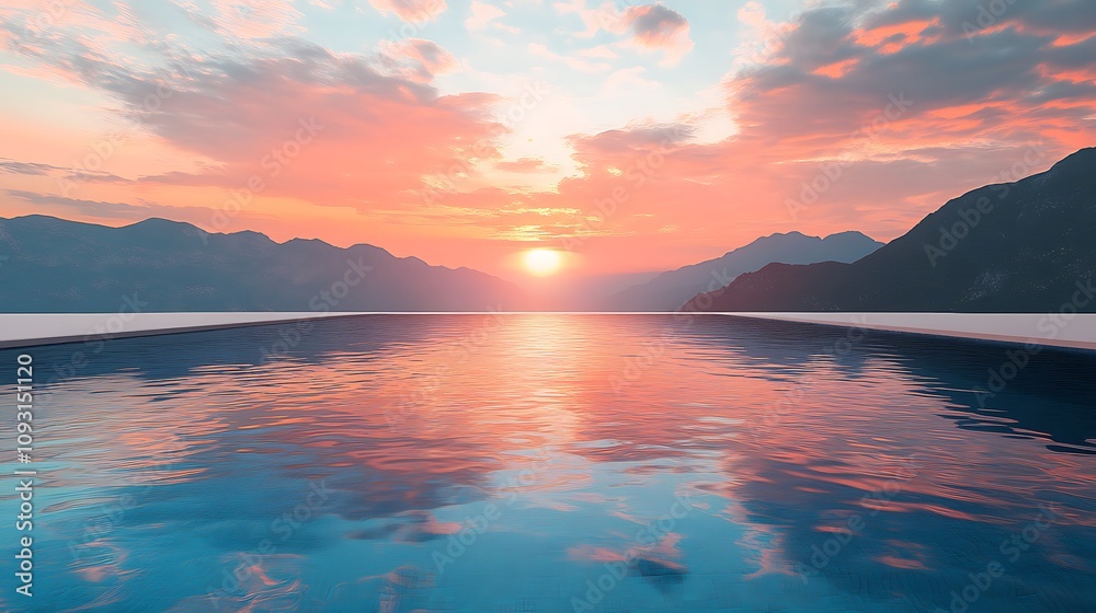 A calm infinity pool reflecting the colorful sunset sky, serene mountain range in the background, peaceful reflections on the water, soft light and tranquil vibe, photorealistic quality, hd clarity. A calm infinity pool reflecting the colorful sunset sky, serene mountain range in the background, peaceful reflections on the water, soft light and tranquil vibe, photorealistic quality, hd clarity.