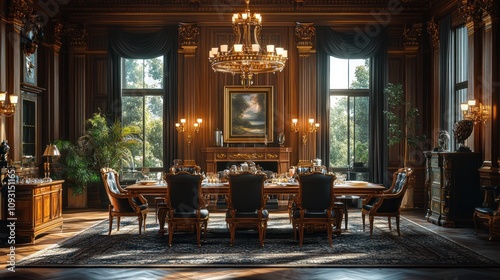 Here's a description and keywords for your stock photo.. Elegant dining room with large mahogany table, dark wood paneling, ornate chandelier, and tall windows.