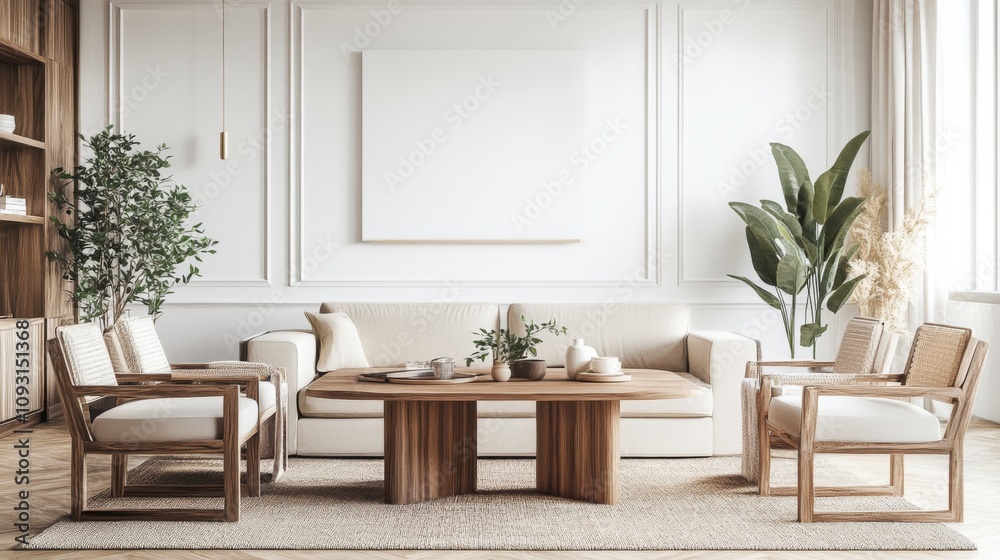 Modern Living Room with Beige Sofa, Wooden Table and Chairs, White Walls, and Natural Light Modern Living Room with Beige Sofa, Wooden Table and Chairs, White Walls, and Natural Light