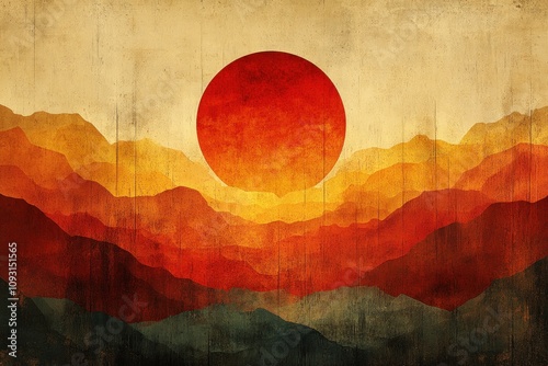 Crimson Sunset Overlayered Mountains: A Serene Abstract Landscape photo