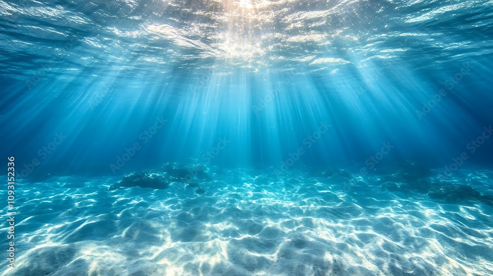 Fototapeta premium Blue underwater ocean view illuminated by sunlight breaking through the surface