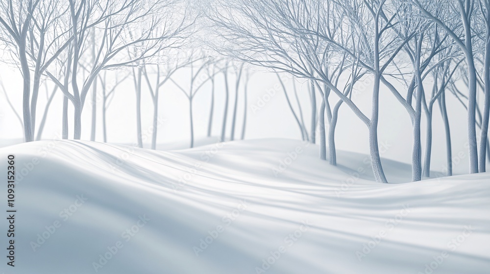 Tranquil Winter Wonderland: 3D Frosted Tree Branches in Snowy Forest Landscape with Elegant Light Gradients Tranquil Winter Wonderland: 3D Frosted Tree Branches in Snowy Forest Landscape with Elegant Light Gradients