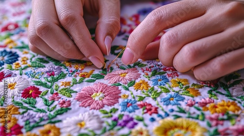 A close-up of hands delicately stitching colorful floral embroidery on a fabric, showcasing intricate designs and craftsmanship.