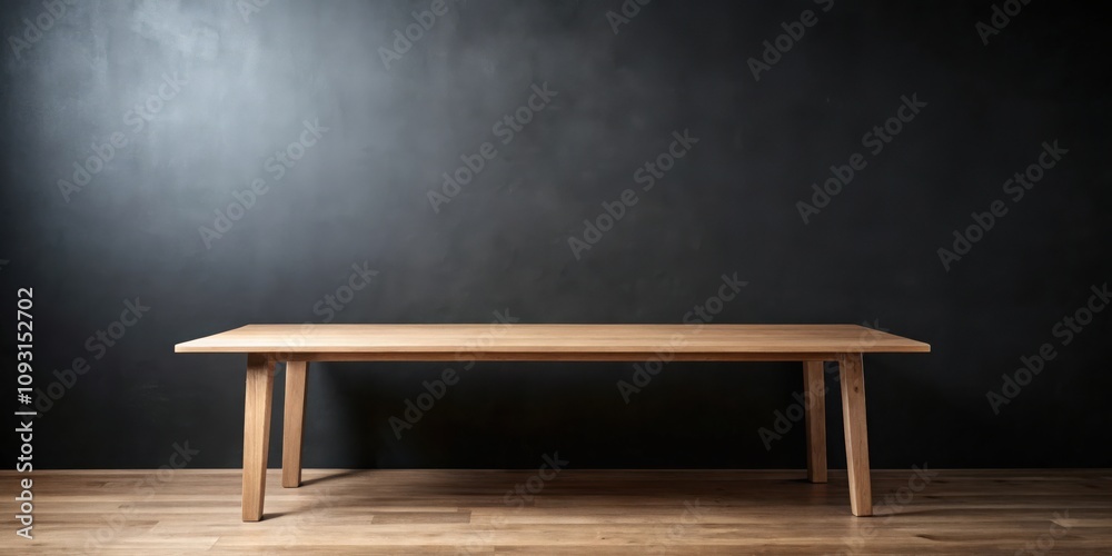 A simple wooden table sits in front of a dark grey wall, with a slight hint of light illuminating the scene. A simple wooden table sits in front of a dark grey wall, with a slight hint of light illuminating the scene.
