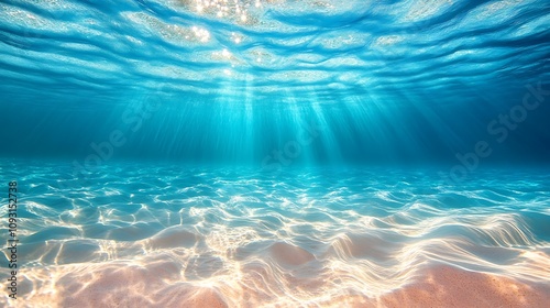 Submerged ocean scene with light beams dancing through clear blue water depths