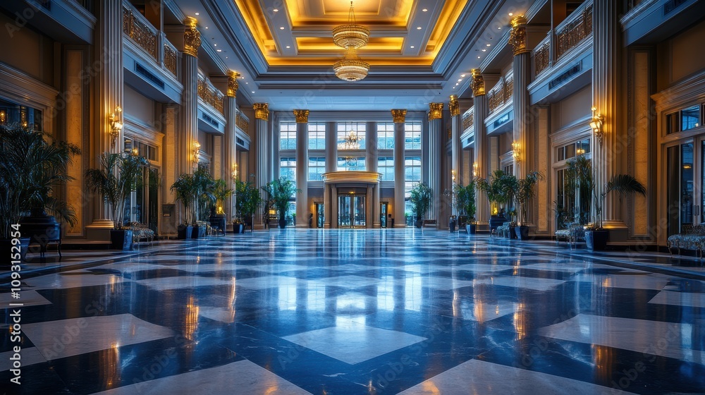 A grandiose hotel lobby with ornate details, marble floors, and opulent chandeliers, showcasing a blend of classical and modern architectural design elements A grandiose hotel lobby with ornate details, marble floors, and opulent chandeliers, showcasing a blend of classical and modern architectural design elements