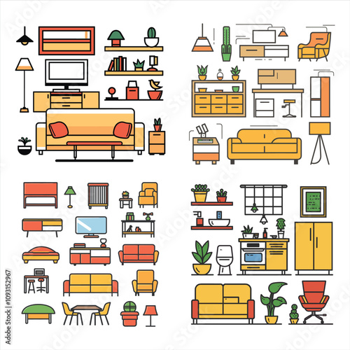 house furniture flat icon vector bundle set, Outline furniture flat icon vector set, interior room furniture flat icon