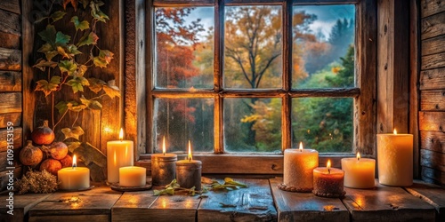 A Rustic Window View with Burning Candles on a Wooden Sill, Bathed in Warm Light