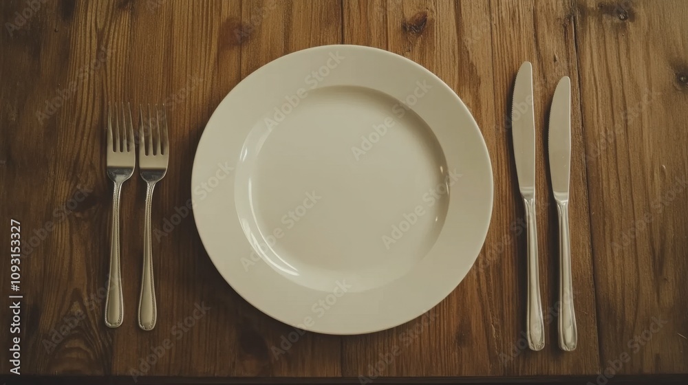 Empty white plate on wooden table surrounded by silver forks and knives, creating a minimalist dining setup suitable for various culinary themes and restaurant concepts. Empty white plate on wooden table surrounded by silver forks and knives, creating a minimalist dining setup suitable for various culinary themes and restaurant concepts.