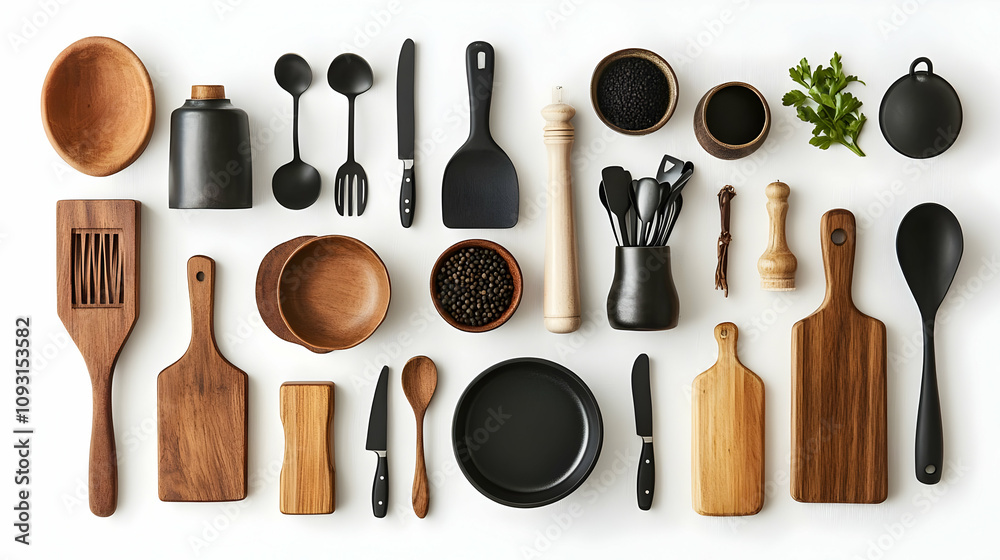 Photo, Kitchen Utensils Flat Lay on White Background Photo, Kitchen Utensils Flat Lay on White Background