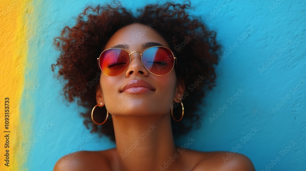Woman with curly hair is wearing sunglasses and earrings. She is smiling and looking at the camera