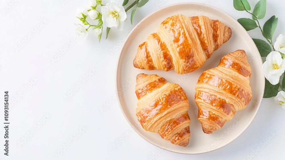 Rustic Morning Feast with Golden Croissants and Fresh Flowers on Ceramic Plate Rustic Morning Feast with Golden Croissants and Fresh Flowers on Ceramic Plate