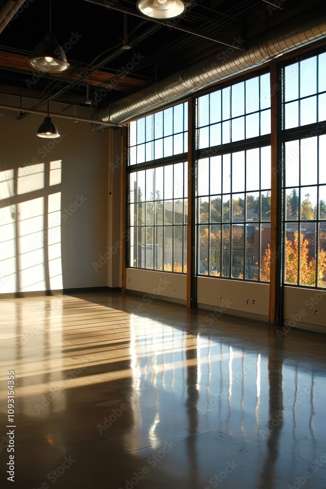 Open office room ready for professional gatherings, enhanced by large windows for light. Open office room ready for professional gatherings, enhanced by large windows for light.