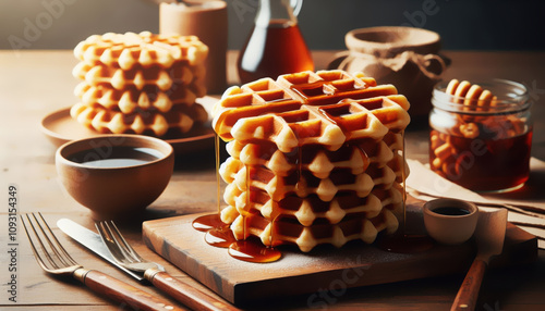 Waffle pile with sweet honey on wooden table. Illustration of sweet. photo