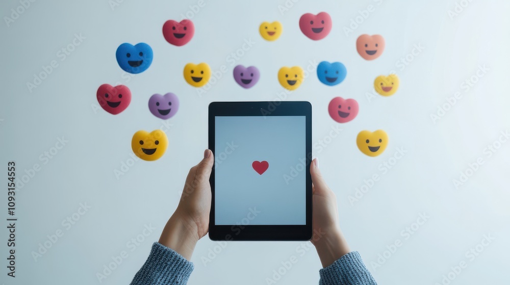 Person Typing on Tablet with Heart Emojis in Background Person Typing on Tablet with Heart Emojis in Background