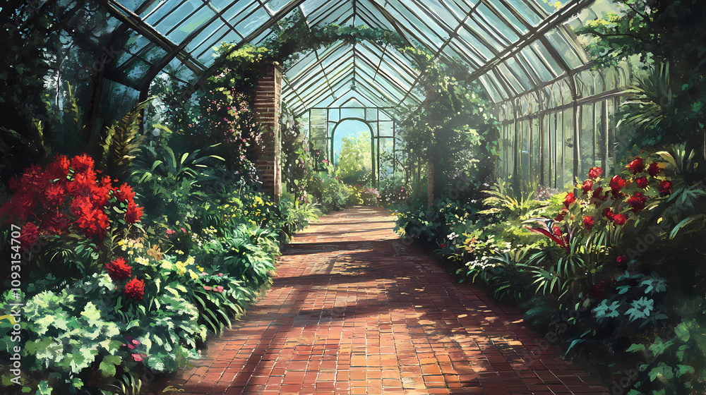Obraz premium Victorian greenhouse garden. Victorian Garden Pathway. Illustration