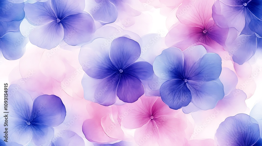 Abstract seamless watercolor design of pastel violets, light purple and blue petals, delicate muted foliage, airy and flowing brush strokes, hand-painted effect, elegant and intricate, Abstract seamless watercolor design of pastel violets, light purple and blue petals, delicate muted foliage, airy and flowing brush strokes, hand-painted effect, elegant and intricate,
