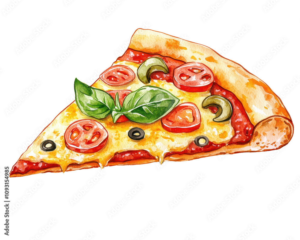 Delicious slice of pizza topped with tomatoes, olives, and basil on white background. Delicious slice of pizza topped with tomatoes, olives, and basil on white background.