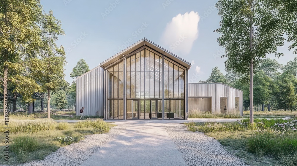 Modern Glass-Fronted Building in a Wooded Setting Modern Glass-Fronted Building in a Wooded Setting