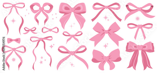 Bows with hearts in cartoon style. Cute trendy design. Vector funky illustration.Love, valentine, sparkle, ballet, coquette.Card design elements. Party invitation, birthday set. Bowknot for decoration