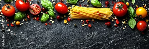 Panel kuchenny z motywem Food ingredients for italian pasta, spaghetti on black stone slate background. Copy space of your text. Banner , isolated on white background,  , copy space, copy space for text,