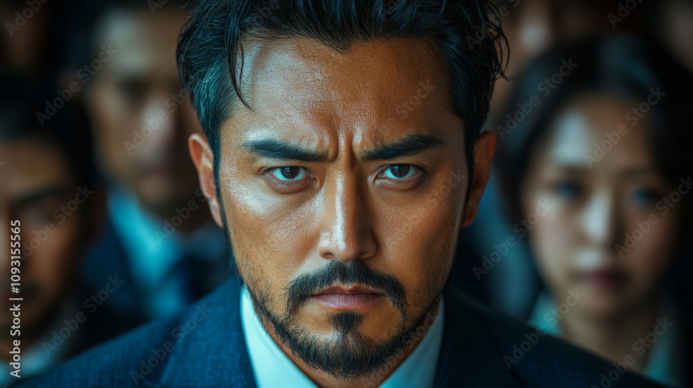 Man with a beard and a mustache is standing in front of a group of people. He looks angry and is wearing a suit Man with a beard and a mustache is standing in front of a group of people. He looks angry and is wearing a suit