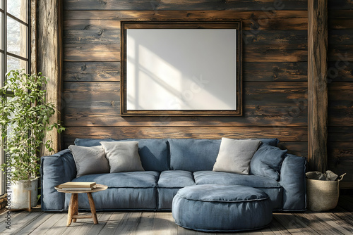 Illustration: Cozy Rustic Living Room Interior with Blank Frame